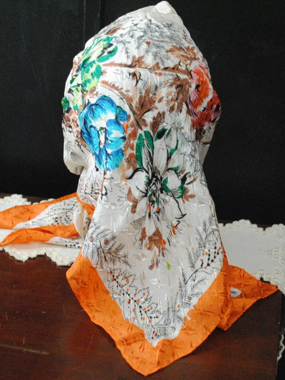 Vintage Large Floral 1950s Scarf made in Japan with Orange Border